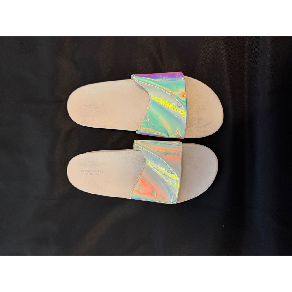 American Eagle Holographic Iridescent Slide Sandals Womens 10 Off White 4013-013